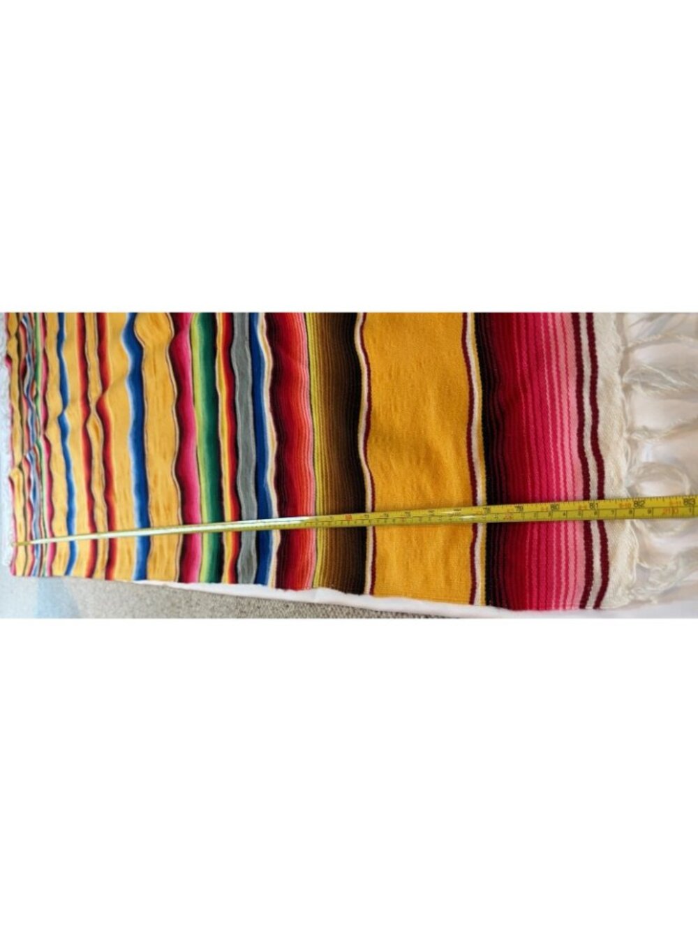 Vintage 80s Yellow Mexican Serape Blanket Colorful Stripes Boho Fringe 82" x 60 - Picture 6 of 16